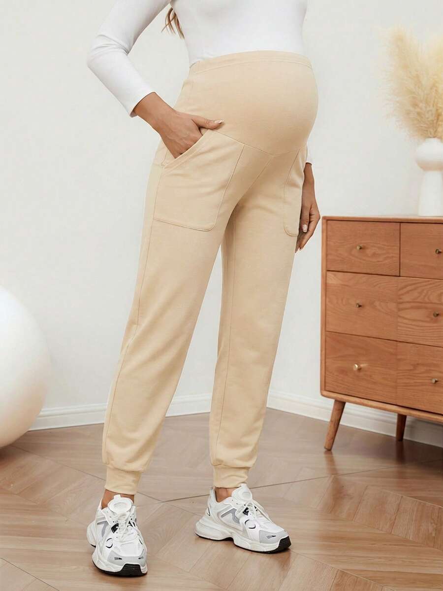 Maternity Sports Sweatpants Army Green Ultra High Waist Belly Support Knitted Joggers with Pockets for Beach and Casual Wear