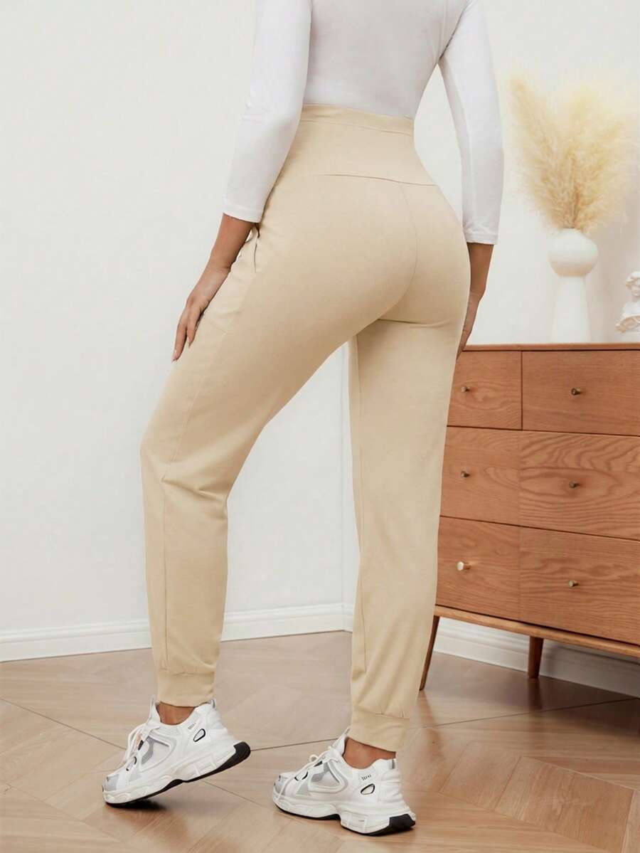 Maternity Sports Sweatpants Army Green Ultra High Waist Belly Support Knitted Joggers with Pockets for Beach and Casual Wear