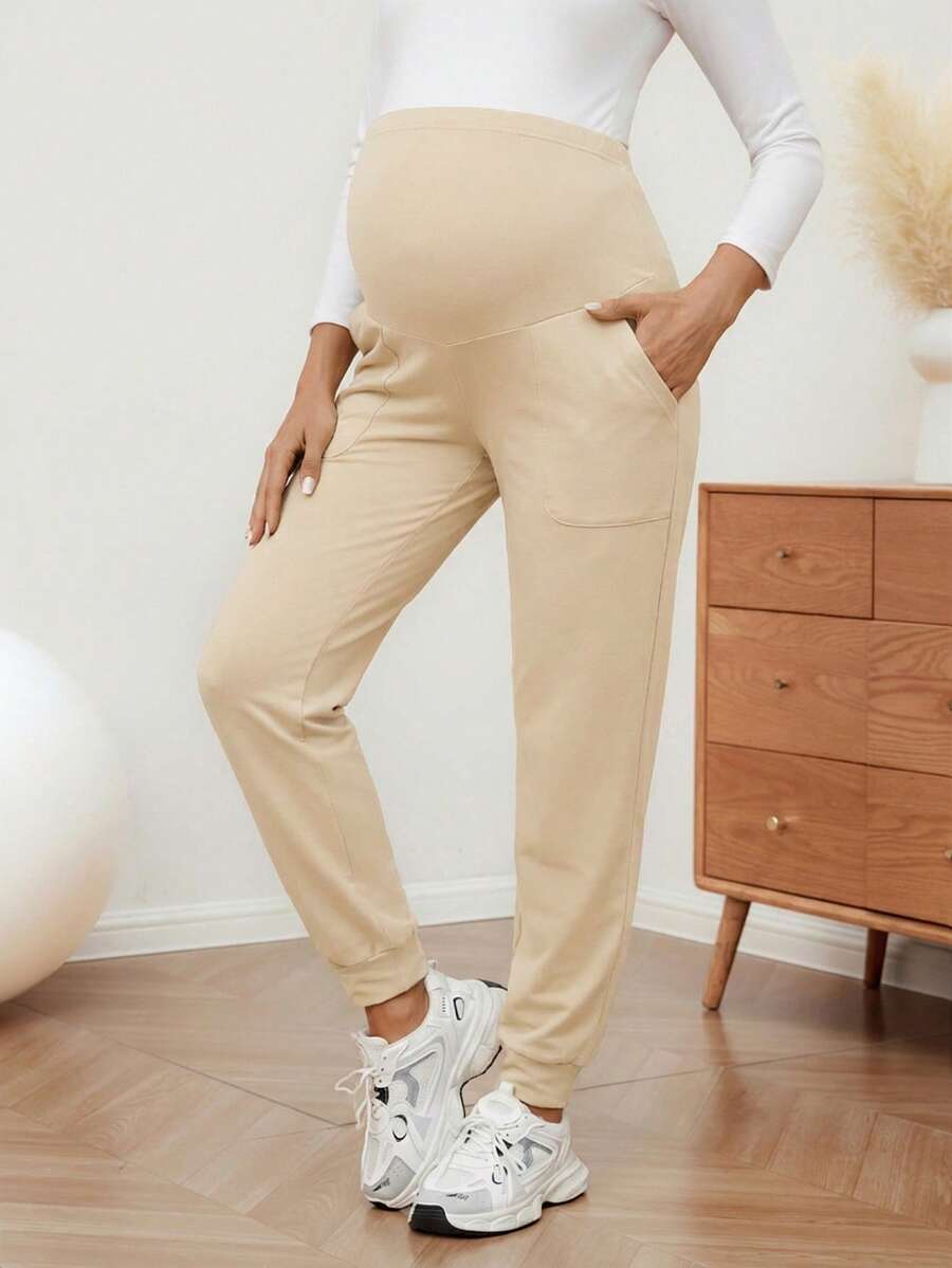 Maternity Sports Sweatpants Army Green Ultra High Waist Belly Support Knitted Joggers with Pockets for Beach and Casual Wear