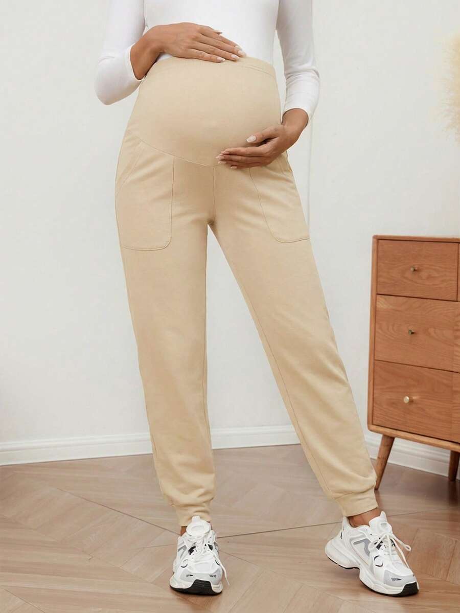 Maternity Sports Sweatpants Army Green Ultra High Waist Belly Support Knitted Joggers with Pockets for Beach and Casual Wear