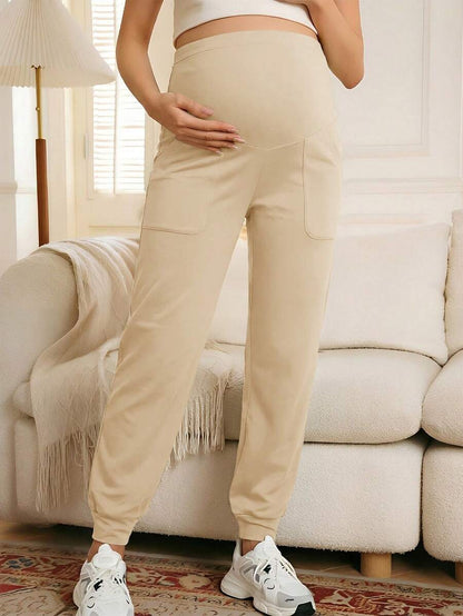 Maternity Sports Sweatpants Army Green Ultra High Waist Belly Support Knitted Joggers with Pockets for Beach and Casual Wear