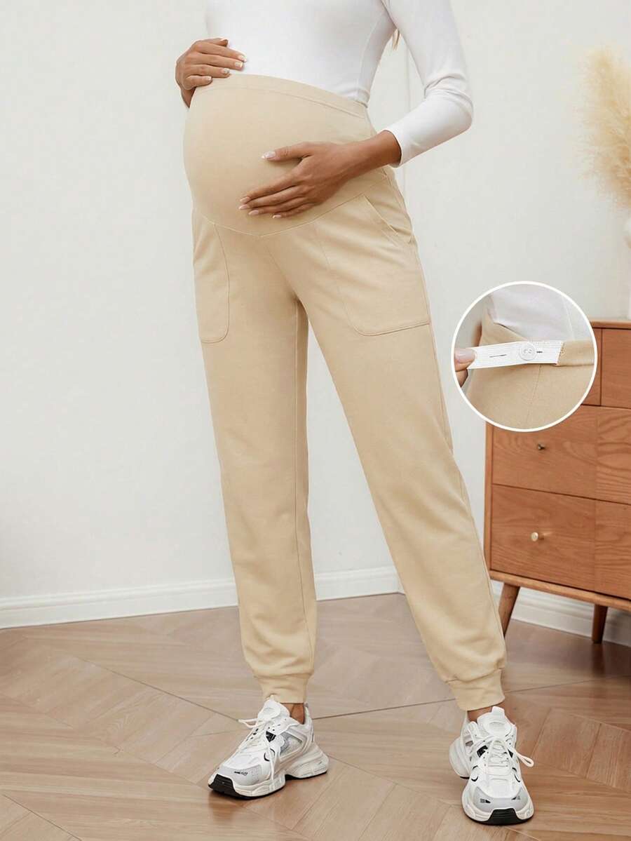 Maternity Sports Sweatpants Army Green Ultra High Waist Belly Support Knitted Joggers with Pockets for Beach and Casual Wear