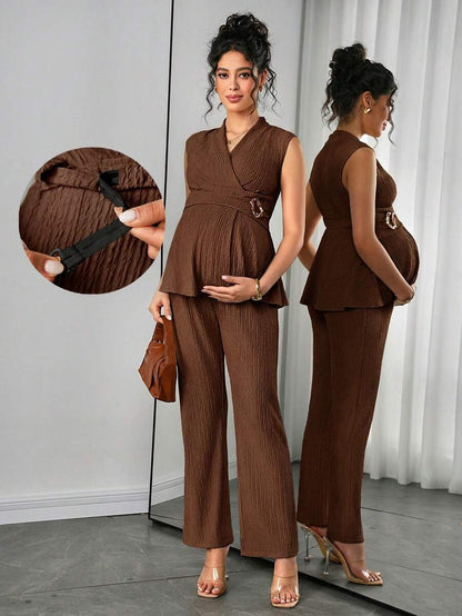 Maternity 2-Piece Set - V Neck Top & Straight Leg Pants, Knit Jacquard, Slim Fit, Black