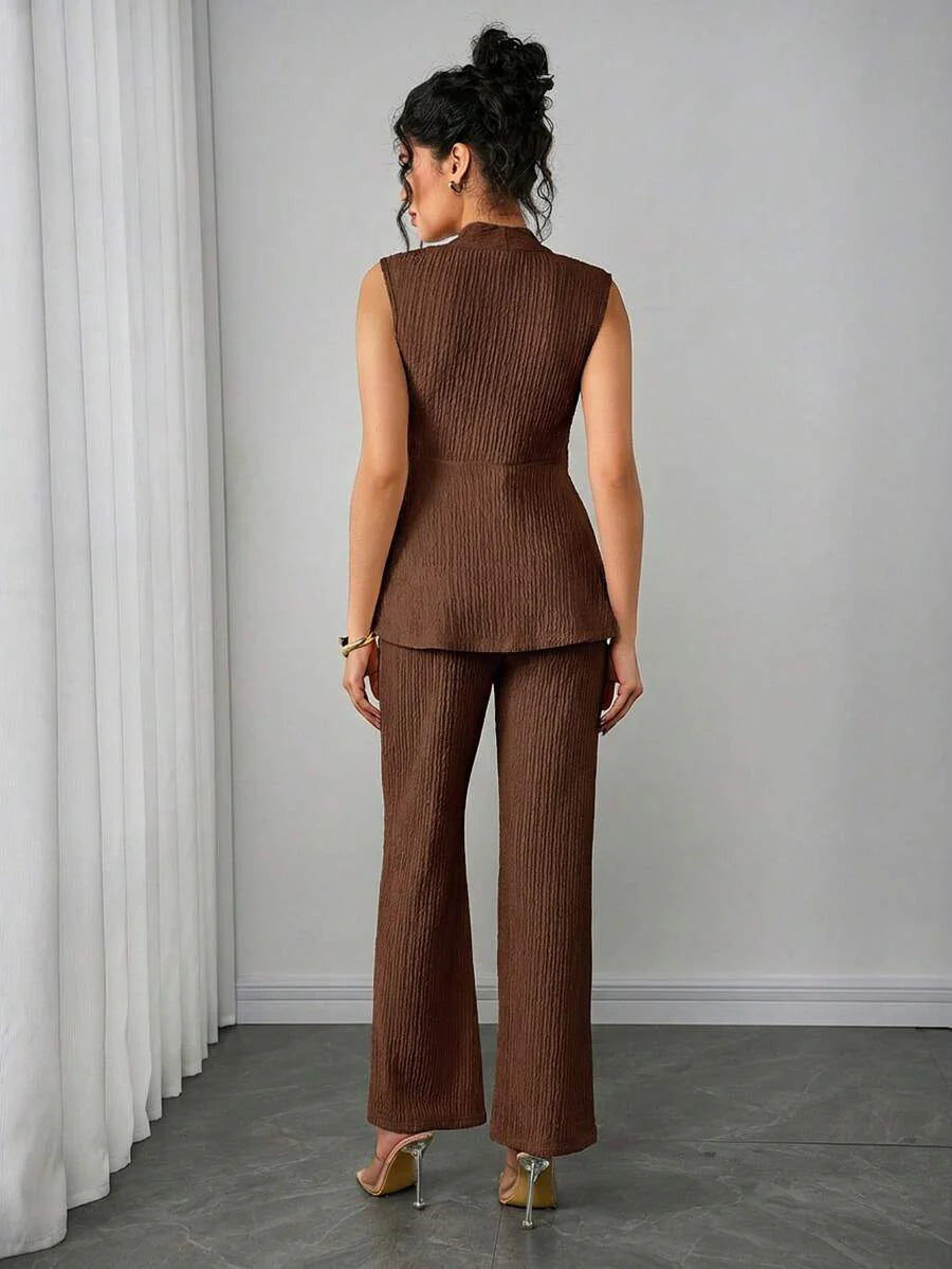 Maternity 2-Piece Set - V Neck Top & Straight Leg Pants, Knit Jacquard, Slim Fit, Black