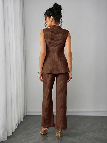 Maternity 2-Piece Set - V Neck Top & Straight Leg Pants, Knit Jacquard, Slim Fit, Black