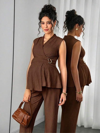 Maternity 2-Piece Set - V Neck Top & Straight Leg Pants, Knit Jacquard, Slim Fit, Black