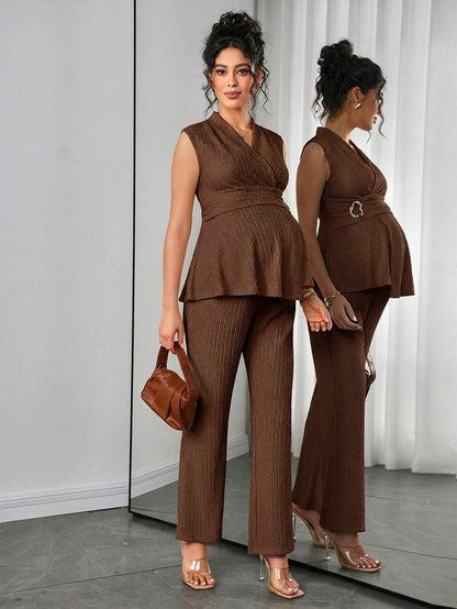 Maternity 2-Piece Set - V Neck Top & Straight Leg Pants, Knit Jacquard, Slim Fit, Black
