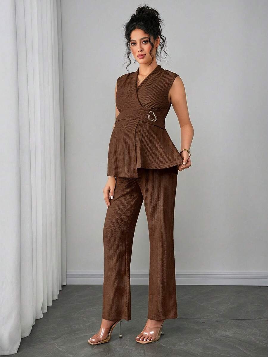 Maternity 2-Piece Set - V Neck Top & Straight Leg Pants, Knit Jacquard, Slim Fit, Black