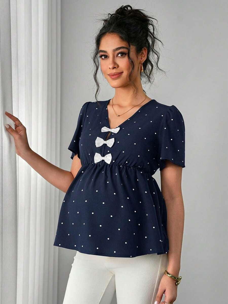 Maternity Polka Dot Peplum Top - V Neck, Bow Decor, Puff Sleeve, A-Line Hem, Navy Blue
