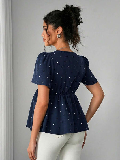Maternity Polka Dot Peplum Top - V Neck, Bow Decor, Puff Sleeve, A-Line Hem, Navy Blue
