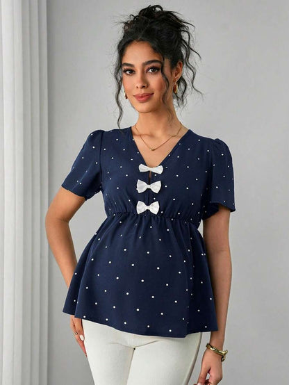 Maternity Polka Dot Peplum Top - V Neck, Bow Decor, Puff Sleeve, A-Line Hem, Navy Blue
