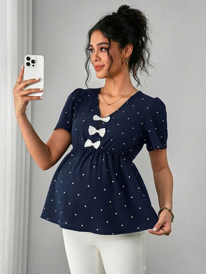 Maternity Polka Dot Peplum Top - V Neck, Bow Decor, Puff Sleeve, A-Line Hem, Navy Blue