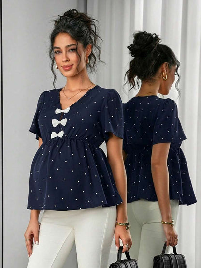 Maternity Polka Dot Peplum Top - V Neck, Bow Decor, Puff Sleeve, A-Line Hem, Navy Blue