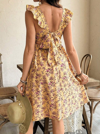 Maternity Casual All-Over Print Boho Summer Dress Square Neck High Waist A-Line Vacation Dress in Burgundy