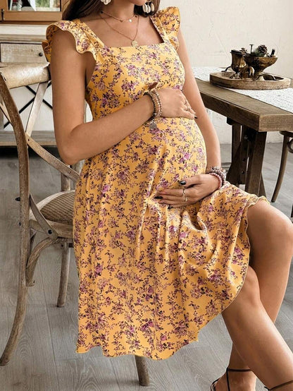Maternity Casual All-Over Print Boho Summer Dress Square Neck High Waist A-Line Vacation Dress in Burgundy