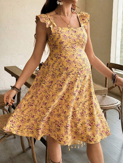 Maternity Casual All-Over Print Boho Summer Dress Square Neck High Waist A-Line Vacation Dress in Burgundy