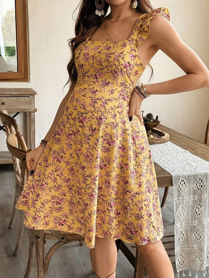 Maternity Casual All-Over Print Boho Summer Dress Square Neck High Waist A-Line Vacation Dress in Burgundy