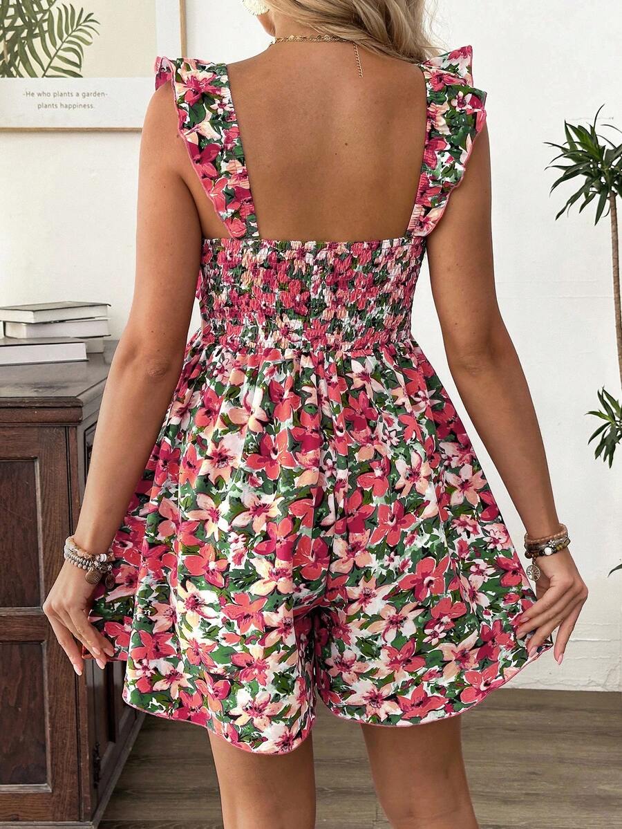 Maternity Floral Nursing Dress - Square Neck, Flounce Shoulder, Shirred, Ruffle Trim, Multicolor