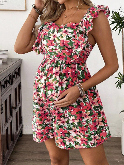 Maternity Floral Nursing Dress - Square Neck, Flounce Shoulder, Shirred, Ruffle Trim, Multicolor