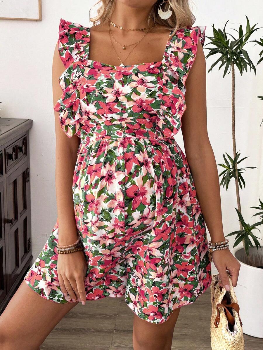 Maternity Floral Nursing Dress - Square Neck, Flounce Shoulder, Shirred, Ruffle Trim, Multicolor