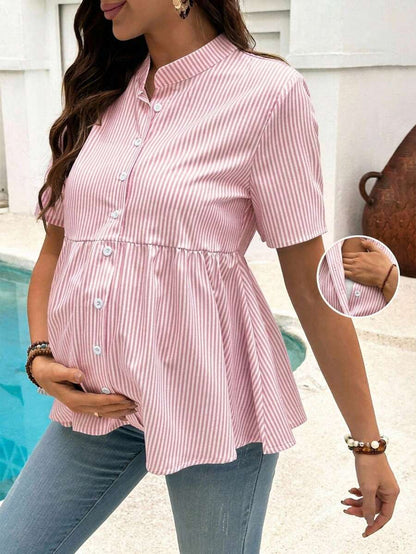 Maternity Nursing Striped Loose Dress Shirt Yellow Stand Collar Short Sleeve Button Front Top with Garterized Waist for Pregnant Women