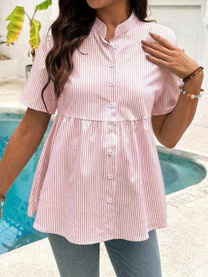 Maternity Nursing Striped Loose Dress Shirt Yellow Stand Collar Short Sleeve Button Front Top with Garterized Waist for Pregnant Women