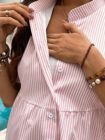 Maternity Nursing Striped Loose Dress Shirt Yellow Stand Collar Short Sleeve Button Front Top with Garterized Waist for Pregnant Women