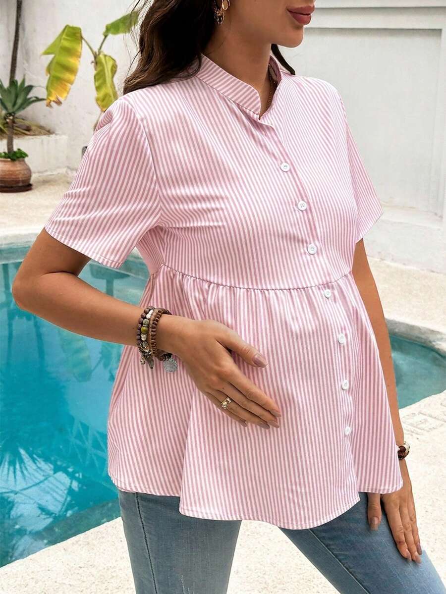 Maternity Nursing Striped Loose Dress Shirt Yellow Stand Collar Short Sleeve Button Front Top with Garterized Waist for Pregnant Women