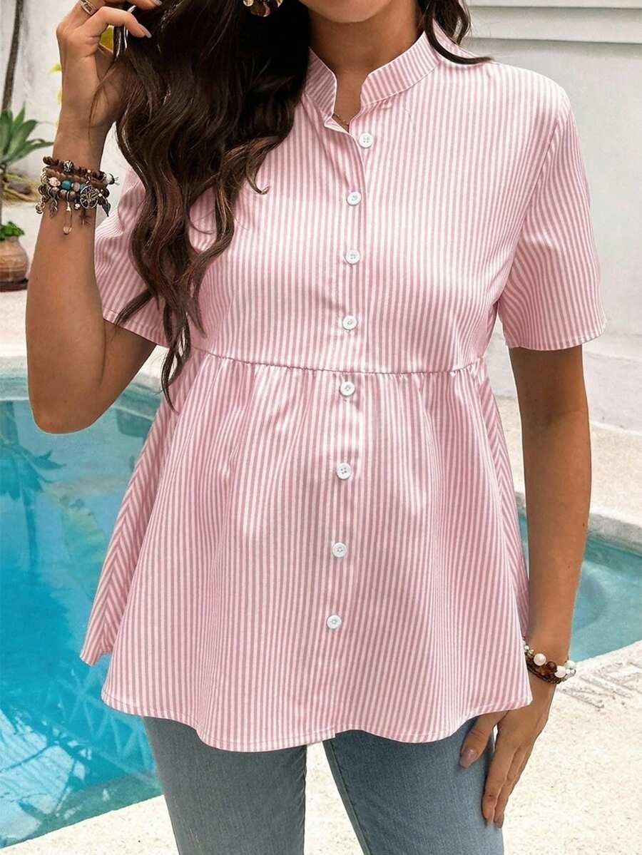 Maternity Nursing Striped Loose Dress Shirt Yellow Stand Collar Short Sleeve Button Front Top with Garterized Waist for Pregnant Women