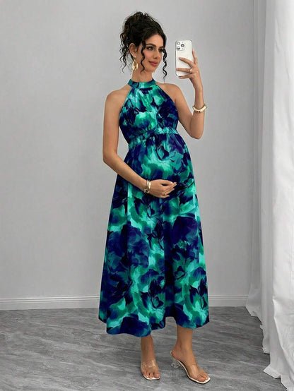 Maternity Halter A-Line Maxi Dress - Halter Neck, Cloak Sleeve, Printed, Long, Dark Green