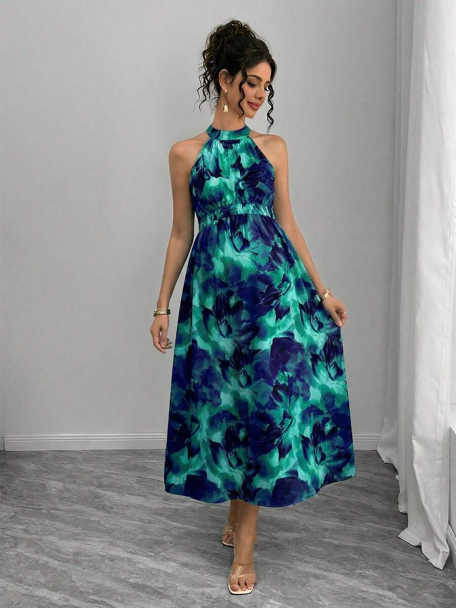 Teal Maternity Halter Waist Tie Dress Holiday Maternity Photoshoot Pregnant Summer Elegant