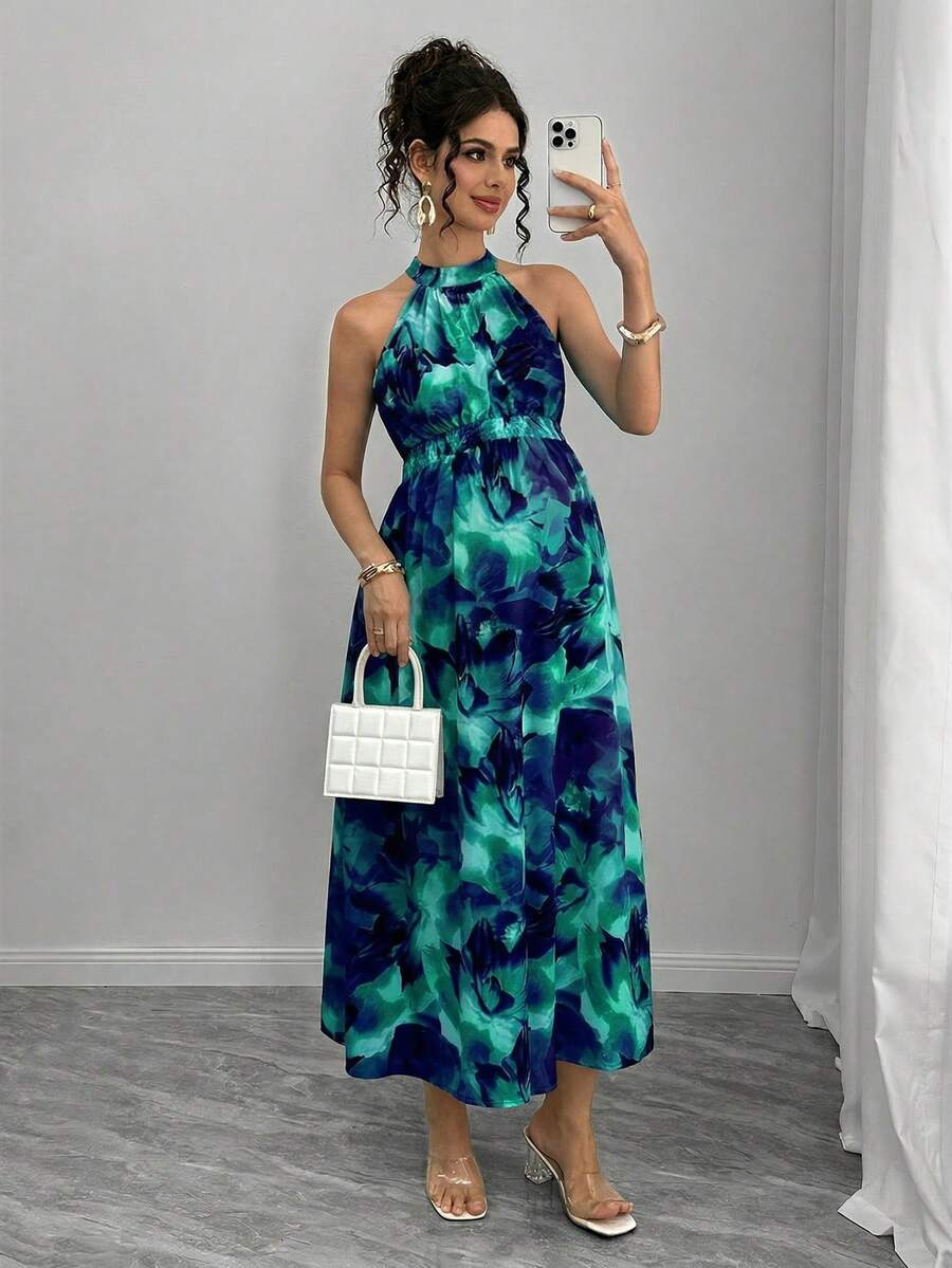 Maternity Halter A-Line Maxi Dress - Halter Neck, Cloak Sleeve, Printed, Long, Dark Green