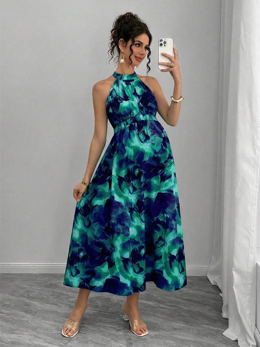 Teal Maternity Halter Waist Tie Dress Holiday Maternity Photoshoot Pregnant Summer Elegant