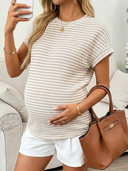 Khaki Striped Batwing Sleeve Maternity T-Shirt Round Neck Loose Fit Casual Short Sleeve Pregnancy Top Comfortable Home Wear