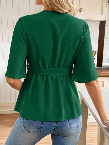 V-Neck Maternity Peplum Blouse with Flounce Sleeves and Adjustable Waist Belt in Dusty Pink for Work or Casual Wear