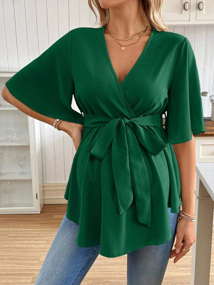 V-Neck Maternity Peplum Blouse with Flounce Sleeves and Adjustable Waist Belt in Dusty Pink for Work or Casual Wear