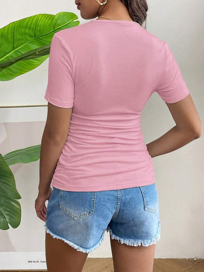 Maternity Round Neck Short Sleeve T-Shirt - Ruched, Slim Fit, White