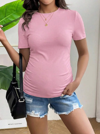 Maternity Short Sleeve Ruched Fitted T-Shirt in Mint Green, High Stretch Slim Fit Summer Pregnancy Top for Daily Wear