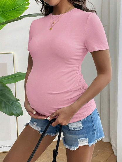 Maternity Round Neck Short Sleeve T-Shirt - Ruched, Slim Fit, White