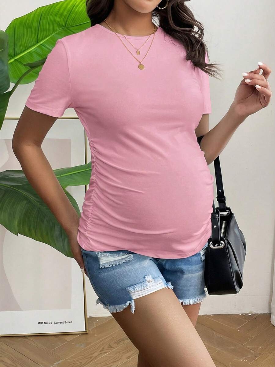 Maternity T-Shirt - Solid Color Ruched Round Neck Short Sleeve Casual Summer, Pregnancy Stretch