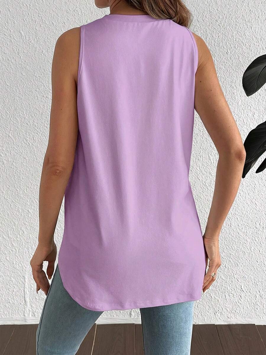 Maternity Round Neck High Stretch Tank Top - White Casual Loose Fit Asymmetrical Hem Travel Top