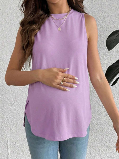 Dusty Pink Maternity Tank Top - Sleeveless Round Neck High Stretch Knitted Summer Top for Casual Travel