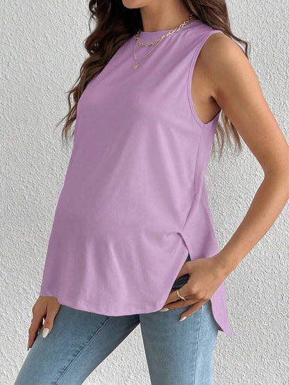 Dusty Pink Maternity Tank Top - Sleeveless Round Neck High Stretch Knitted Summer Top for Casual Travel