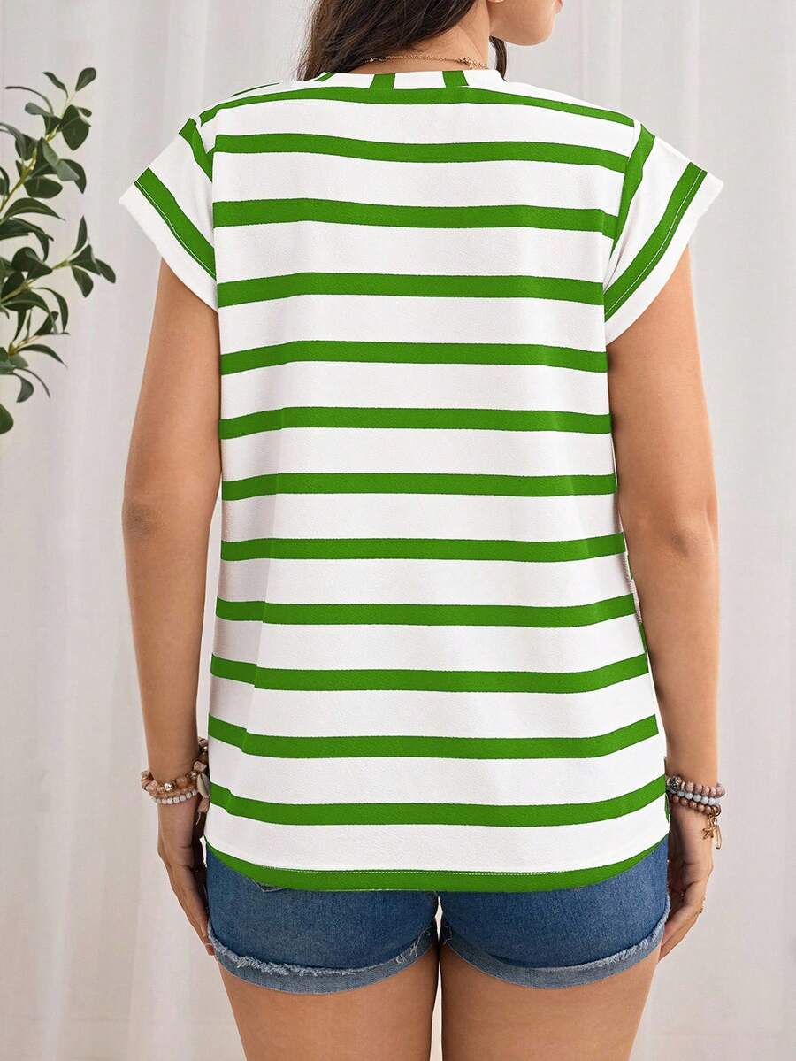 Navy Blue Striped Maternity T-Shirt - Loose Fit Batwing Sleeve Round Neck Summer Top - Casual Knitted Cap Sleeve Pregnancy Shirt