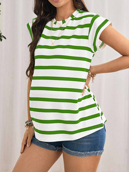 Navy Blue Striped Maternity T-Shirt - Loose Fit Batwing Sleeve Round Neck Summer Top - Casual Knitted Cap Sleeve Pregnancy Shirt