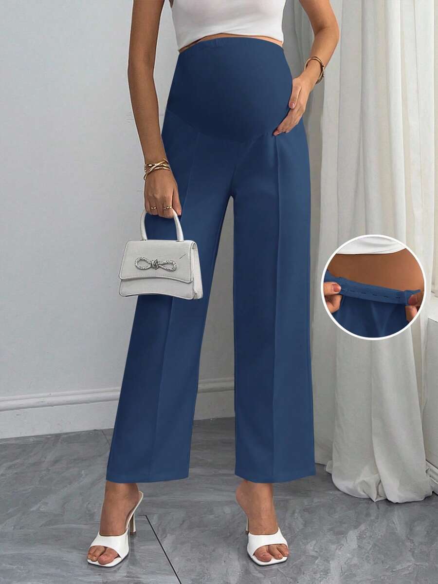 Maternity Flare Pants - Adjustable Elastic High Waist, Full Length, Colorblock, Dark Grey