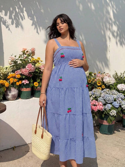 Plus Size Maternity Striped Cami Maxi Dress - Strap, Sleeveless, Cherry Applique, Loose, Blue