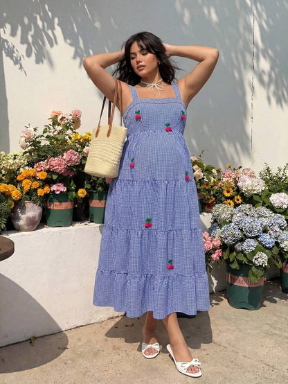 Plus Size Maternity Striped Cami Maxi Dress - Strap, Sleeveless, Cherry Applique, Loose, Blue