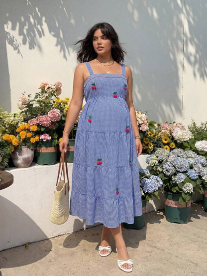 Plus Size Maternity Striped Cami Maxi Dress - Strap, Sleeveless, Cherry Applique, Loose, Blue