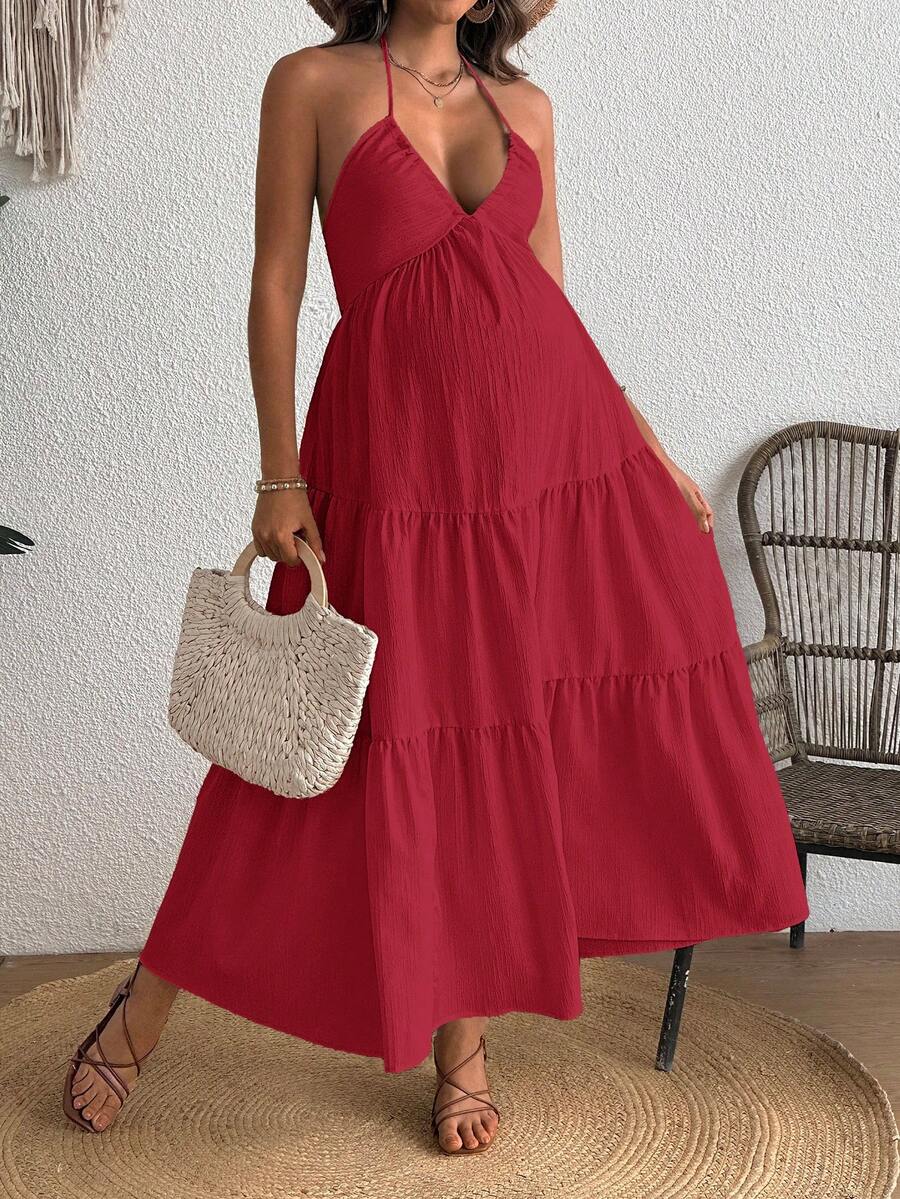 Cherish Maternity Solid Color Backless Maxi Maternity Dress Elegant Sleeveless V Neck Slim Fit Flowy Summer Gown Black
